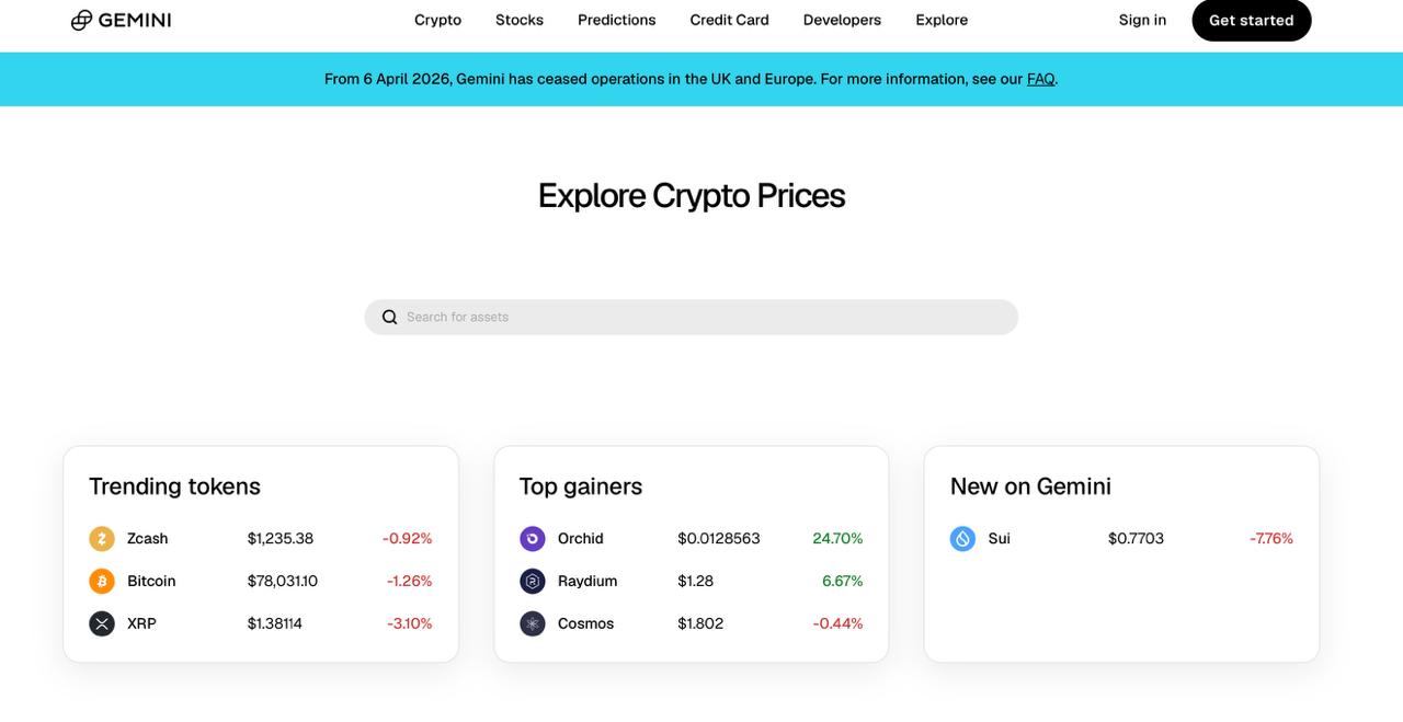 Gemini cryptocurrency exchange price exploration page showing trending tokens, top gainers, and a notice regarding discontinued operations in the UK and Europe.