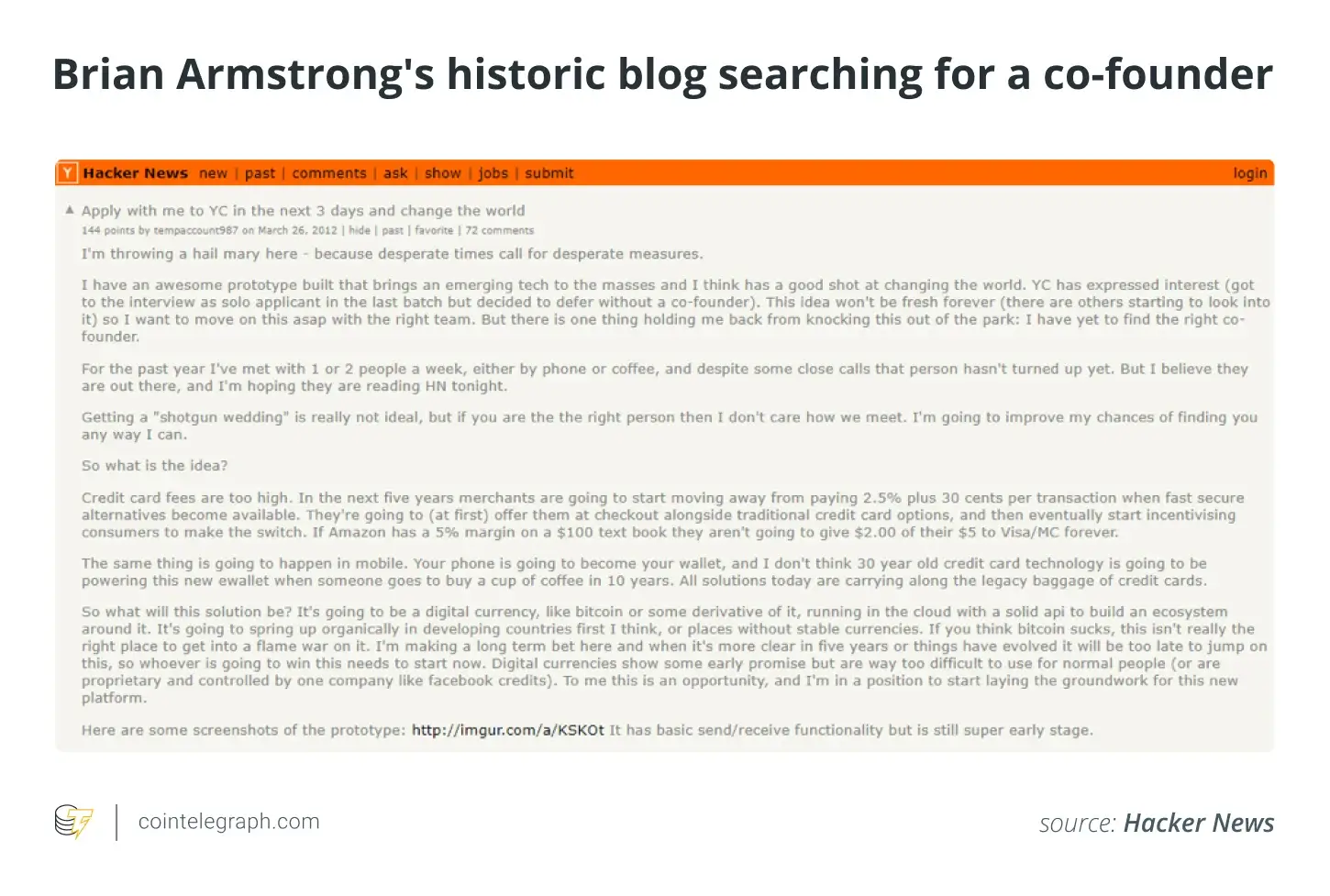 Brian Armstrong looking for coinbase co-founder