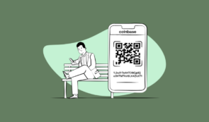 Illustration of a man sitting on a bench using his phone next to a large Coinbase QR code and wallet address, on a green background.