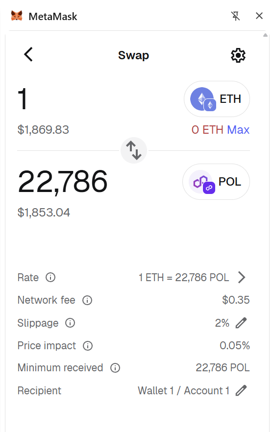 MetaMask swap review screen converting ETH to POL, showing exchange rate and network fee