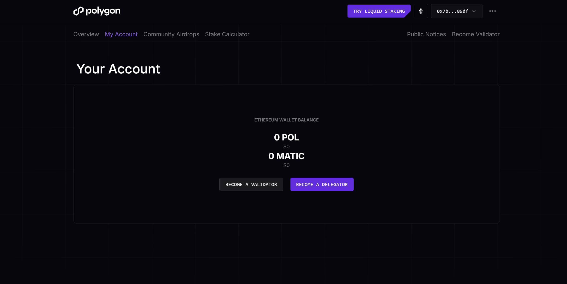 Polygon staking portal 'My Account' page showing POL and MATIC wallet balances