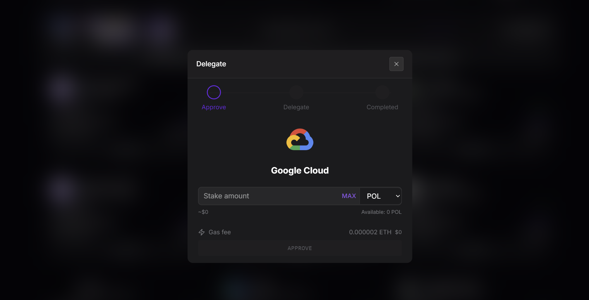 Polygon delegate modal showing stake amount entry and Approve step