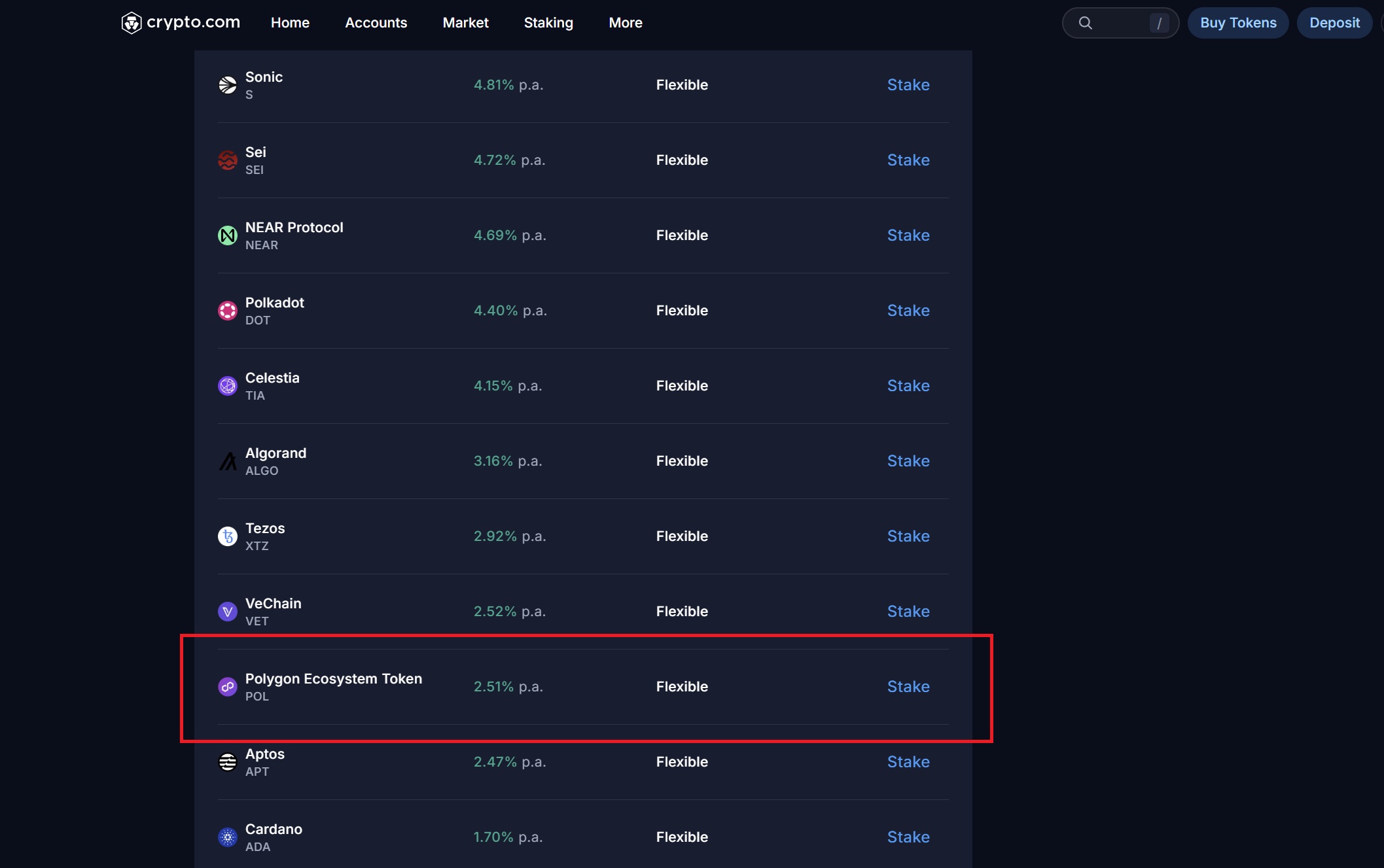 Crypto.com staking list showing Polygon Ecosystem Token (POL) at 2.51% p.a. flexible rate