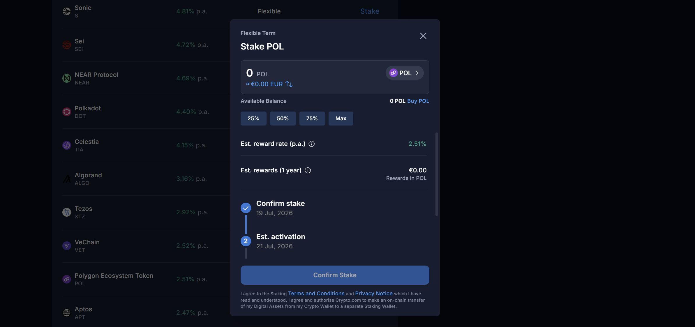 Crypto.com Stake POL confirmation screen showing 2.51% reward rate and activation timeline