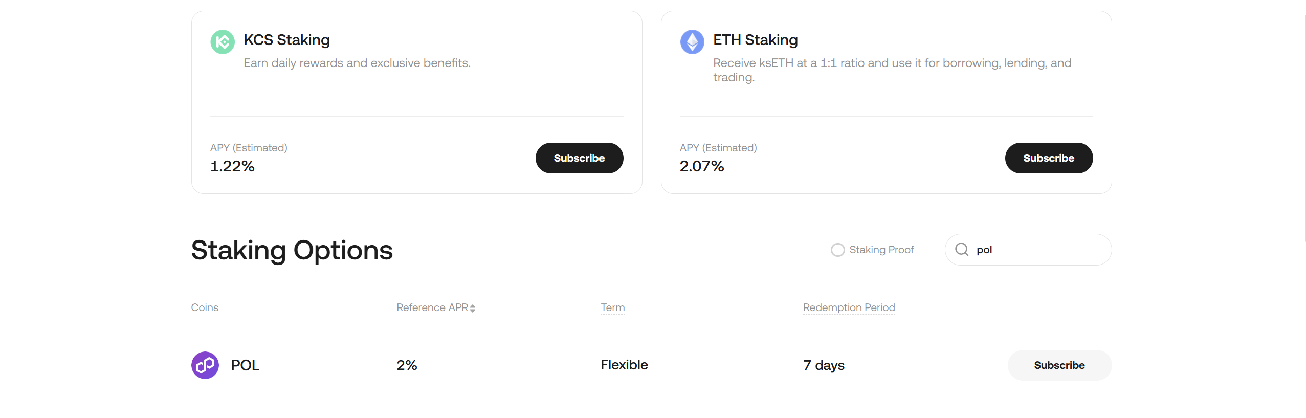 KuCoin Staking Options list showing POL at 2% reference APR with 7-day redemption period
