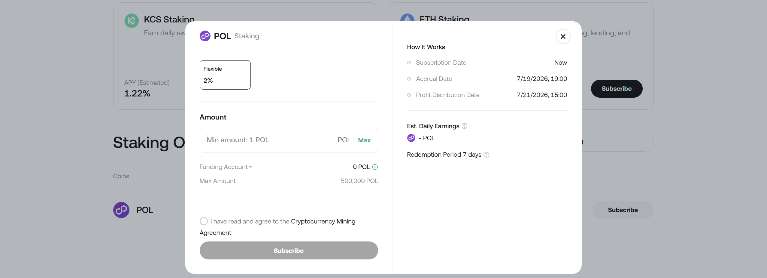 KuCoin POL staking subscription modal showing minimum amount and profit distribution timeline