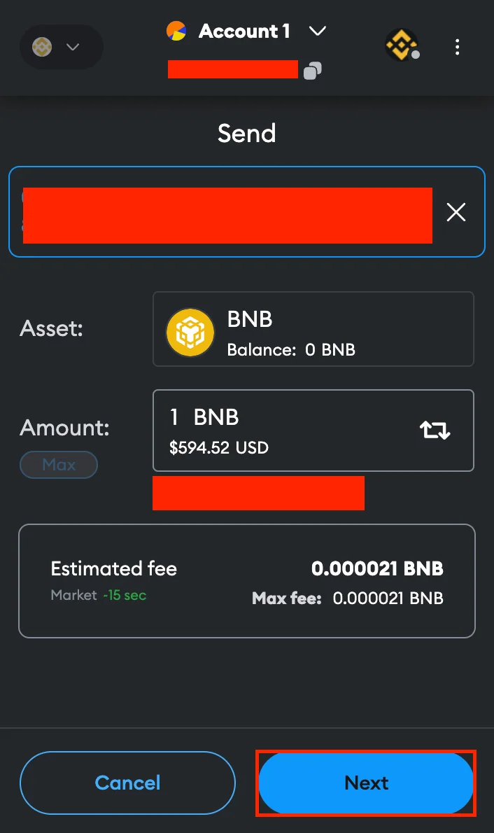 Step 1.3. Select the Asset, Amount and Check the Estimated Fee on MetaMask