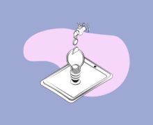 Illustration of a faucet dripping coins into a lightbulb-shaped container on a tablet, representing liquidity mining, on a purple background.
