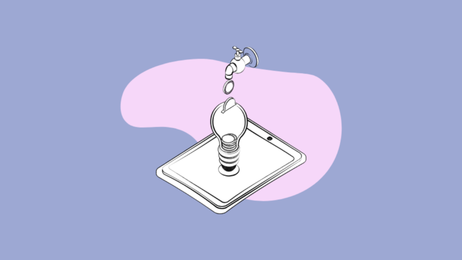 Illustration of a faucet dripping coins into a lightbulb-shaped container on a tablet, representing liquidity mining, on a purple background.