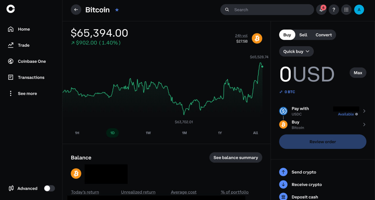 Bitcoin asset page on Coinbase exchange