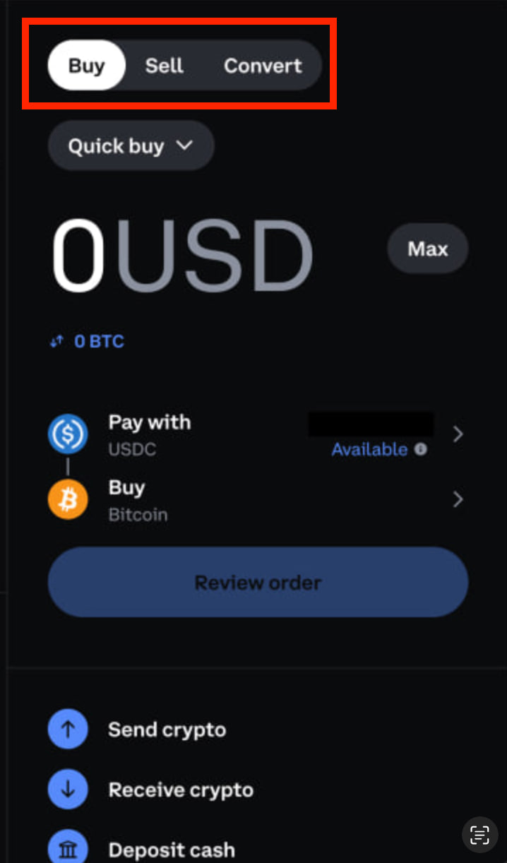 Buy/Sell/Convert options on Coinbase exchange