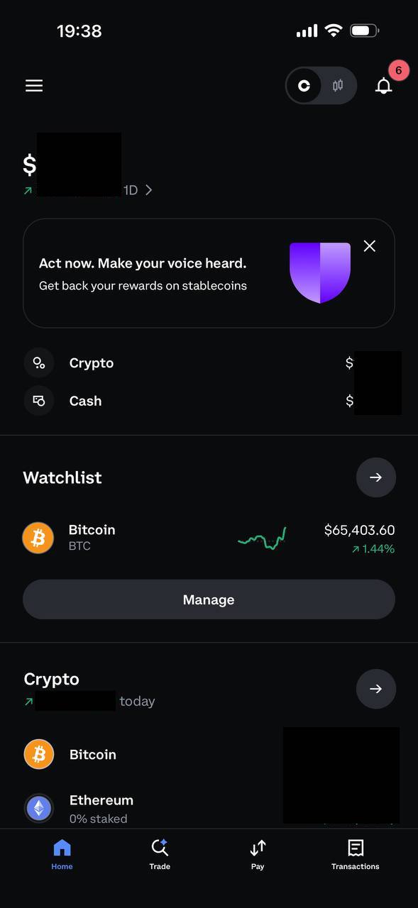 Coinbase app home screen
