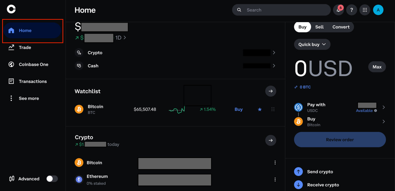 Coinbase home tab view