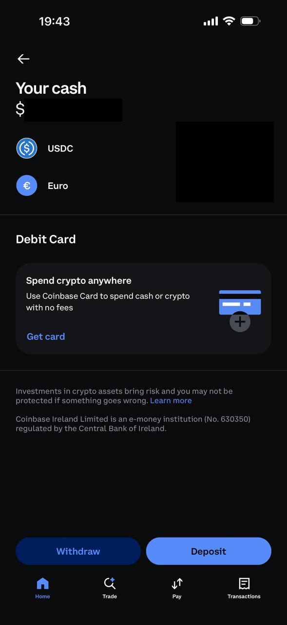 Coinbase mobile app fiat withdraw menu