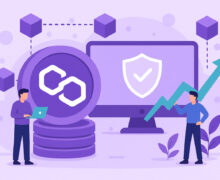 Polygon Staking - POL token, human figures, monitor, blokchain elements, green arrow