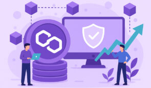 Polygon Staking - POL token, human figures, monitor, blokchain elements, green arrow