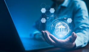 crypto banks motion, with person holding bank building in hand