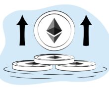 Vector graphic illustration of an Ethereum coin rising above floating staked tokens with upward-pointing arrows on a light blue background.