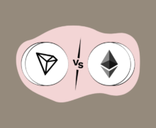 TRON versus Ethereum logo icons on a pink background.
