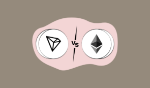 TRON versus Ethereum logo icons on a pink background.