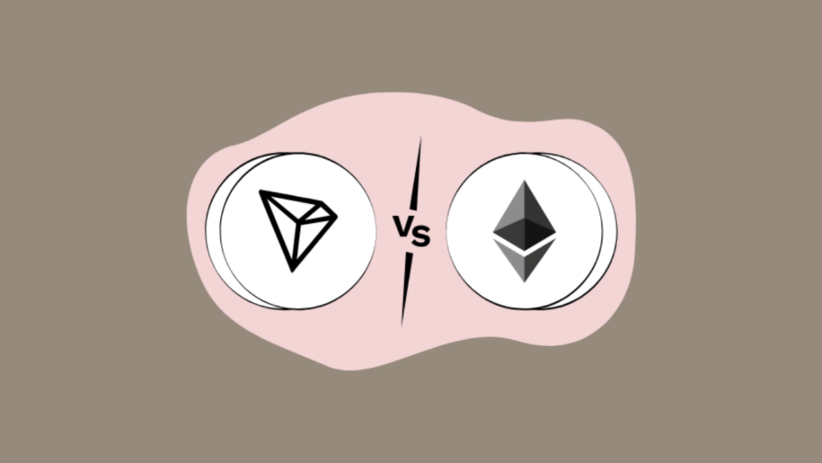 TRON versus Ethereum logo icons on a pink background.