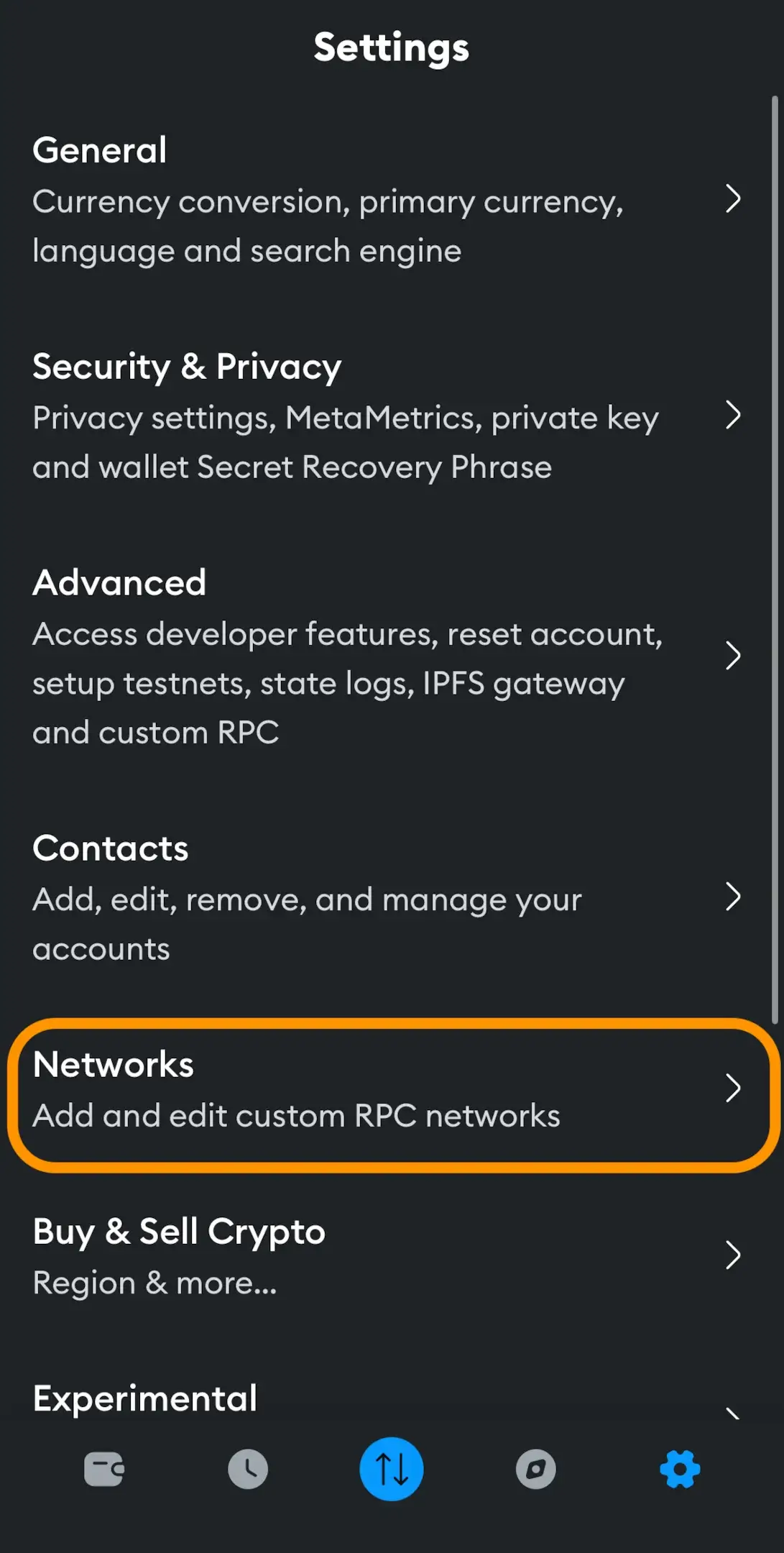 Settings MetaMask Dropdown