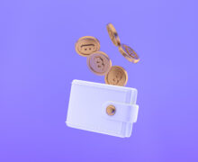 3D illustration of gold Bitcoin coins falling into a white digital wallet, set against a purple background.