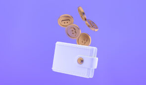 3D illustration of gold Bitcoin coins falling into a white digital wallet, set against a purple background.