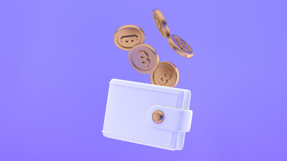 3D illustration of gold Bitcoin coins falling into a white digital wallet, set against a purple background.
