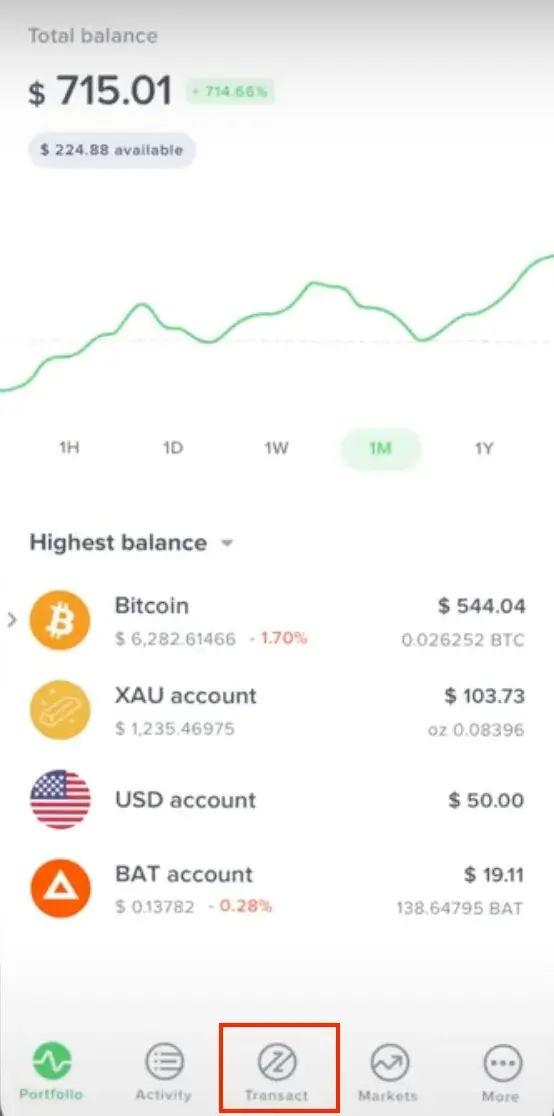 Step 1. Open the "Transact" Menu from Your Uphold App