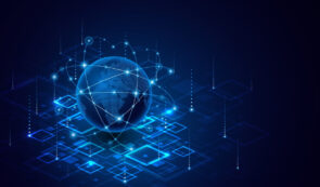 Glowing blue digital globe with orbiting network lines above a grid of interconnected nodes, representing global blockchain connectivity.