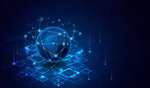 Glowing blue digital globe with orbiting network lines above a grid of interconnected nodes, representing global blockchain connectivity.