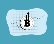 Bitcoin coin icon with an upward arrow over a rising price chart, on a teal background.