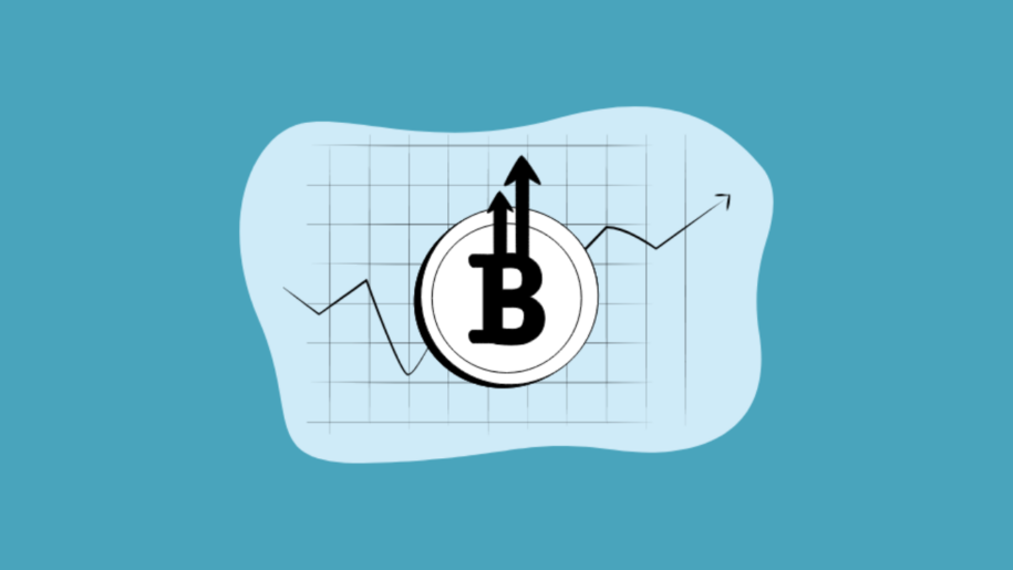 Bitcoin coin icon with an upward arrow over a rising price chart, on a teal background.