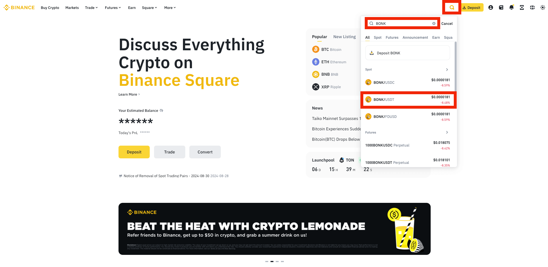 Step 5. Find the BONK/USDT Trading Pair