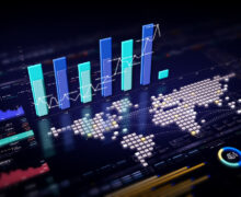 3D financial dashboard with rising bar charts, a world map of glowing data points, and market summary panels, representing global market analytics.