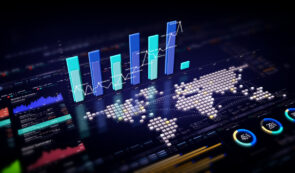 3D financial dashboard with rising bar charts, a world map of glowing data points, and market summary panels, representing global market analytics.