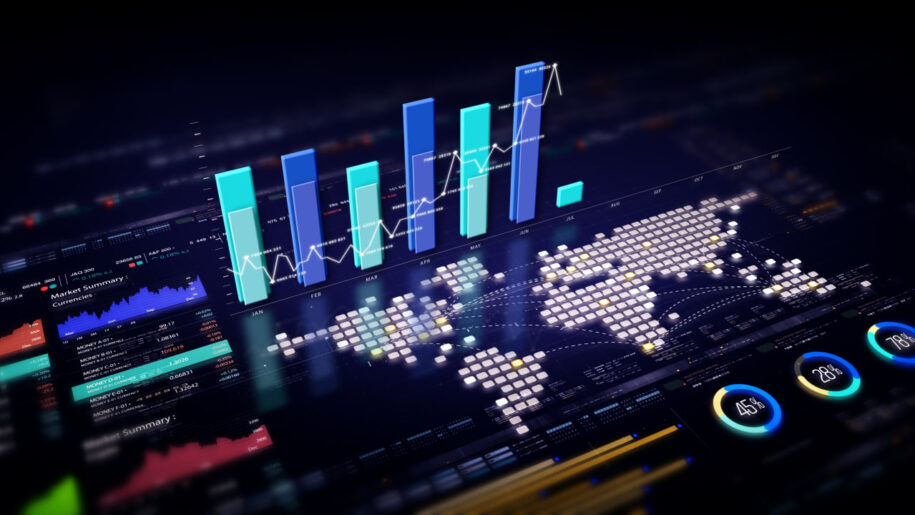 3D financial dashboard with rising bar charts, a world map of glowing data points, and market summary panels, representing global market analytics.