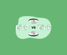 ETP vs ETF" text with Bitcoin coin icons on a green background.