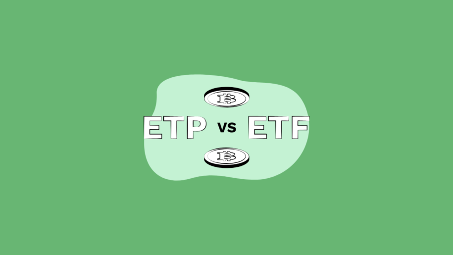 ETP vs ETF" text with Bitcoin coin icons on a green background.