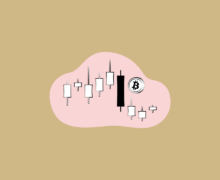 Illustration of a candlestick chart and Bitcoin symbol inside a pink blob shape on a tan background.