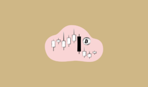 Illustration of a candlestick chart and Bitcoin symbol inside a pink blob shape on a tan background.