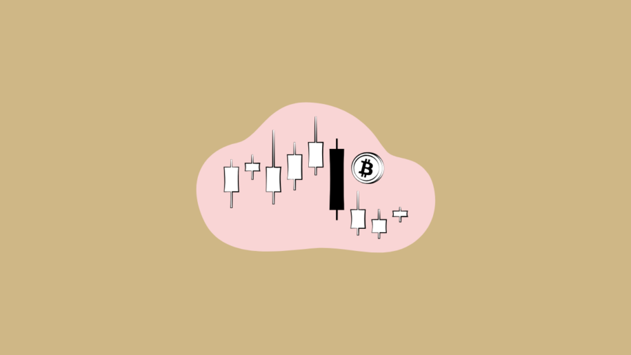 Illustration of a candlestick chart and Bitcoin symbol inside a pink blob shape on a tan background.