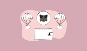 Illustration of the MetaMask fox logo with a digital wallet and parachutes carrying boxes, on a pink background.