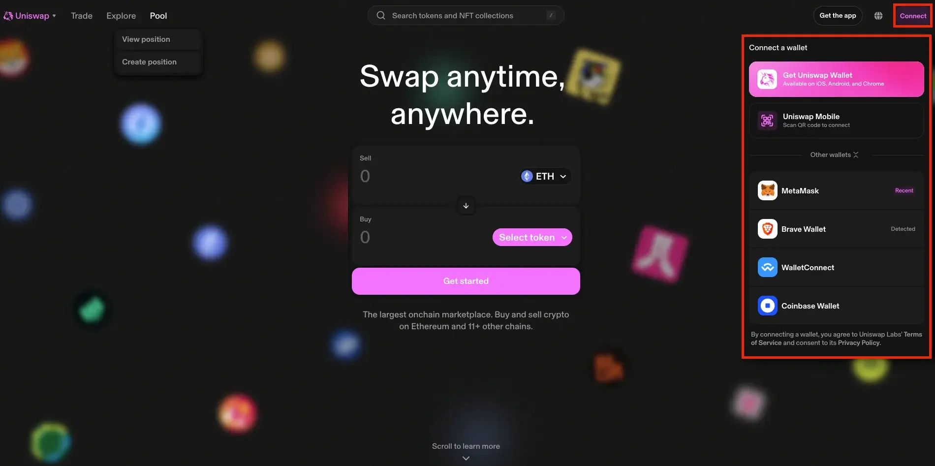 Step 1. Access the Uniswap Official Website to Launch the App and Press the "Connect" Button