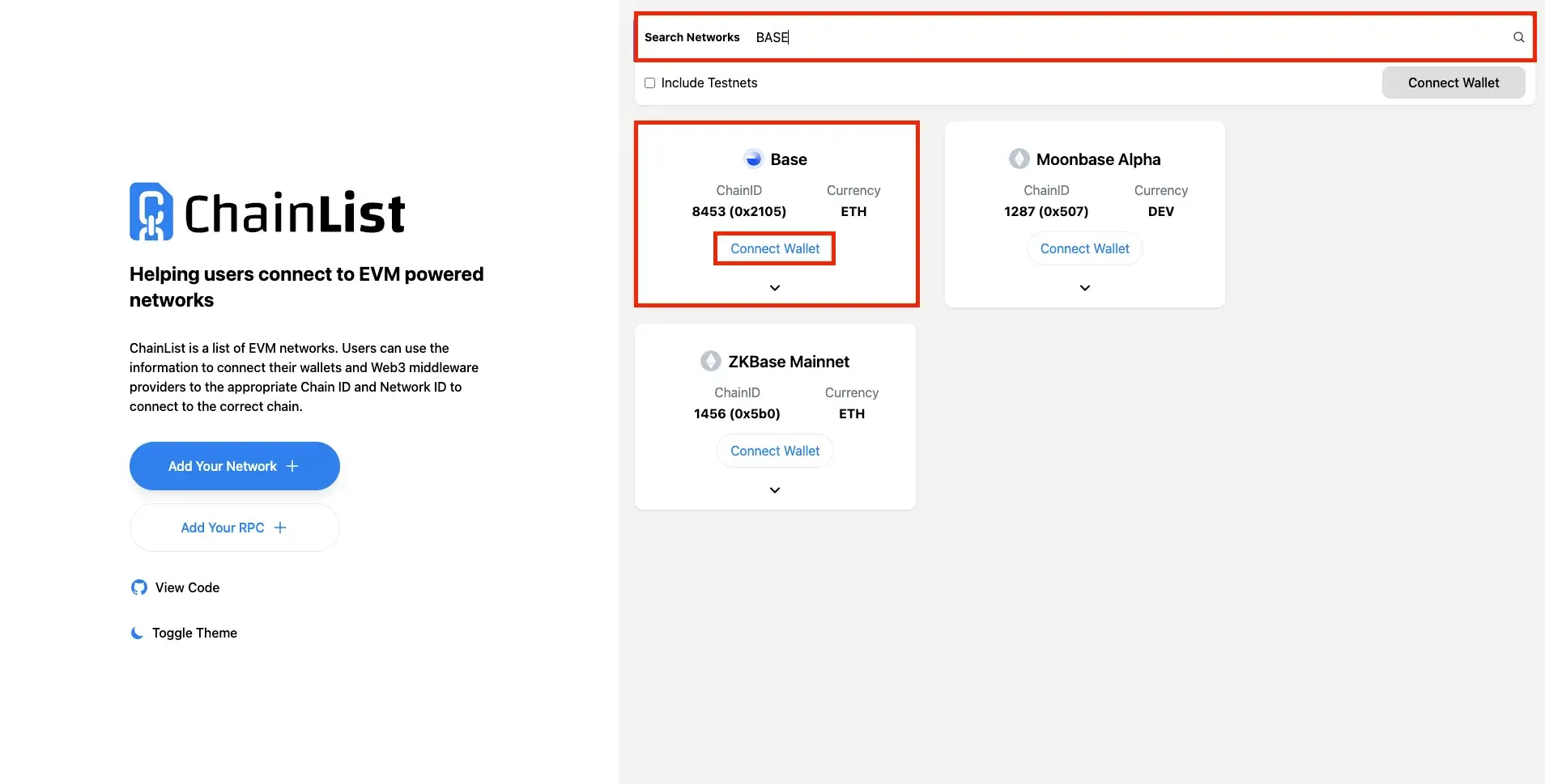 Step 1. Visit ChainList and Search for Base Network