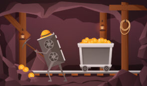 Bitcoin mining concept with a cartoon GPU graphics card character wearing a miner's helmet, holding a pickaxe, beside a mine cart full of Bitcoin coins in an underground tunnel