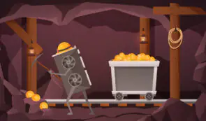 Bitcoin mining concept with a cartoon GPU graphics card character wearing a miner's helmet, holding a pickaxe, beside a mine cart full of Bitcoin coins in an underground tunnel