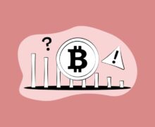 What is FUD in crypto Bitcoin coin graphic set against a declining bar chart with a question mark and warning sign.
