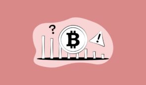 What is FUD in crypto Bitcoin coin graphic set against a declining bar chart with a question mark and warning sign.